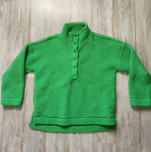Aerie Green Sherpa Pullover Sweatshirt 1/4 Snap Button Pockets High Neck Size XS